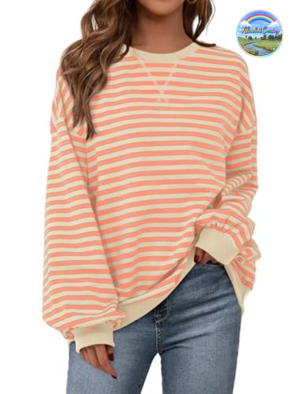 Oversized Striped Sweatshirt Crewneck Pullover Drop Shoulder Loose Fit